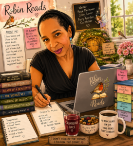 Illustrated portrait of Robin at her desk for Robin Reads, surrounded by Agatha Raisin books, cranberry juice, gluten-free snacks, a coffee mug reading "No book clubs. I'm shy. I have books. That's enough," and a whimsical fairy garden scene with a robin bird